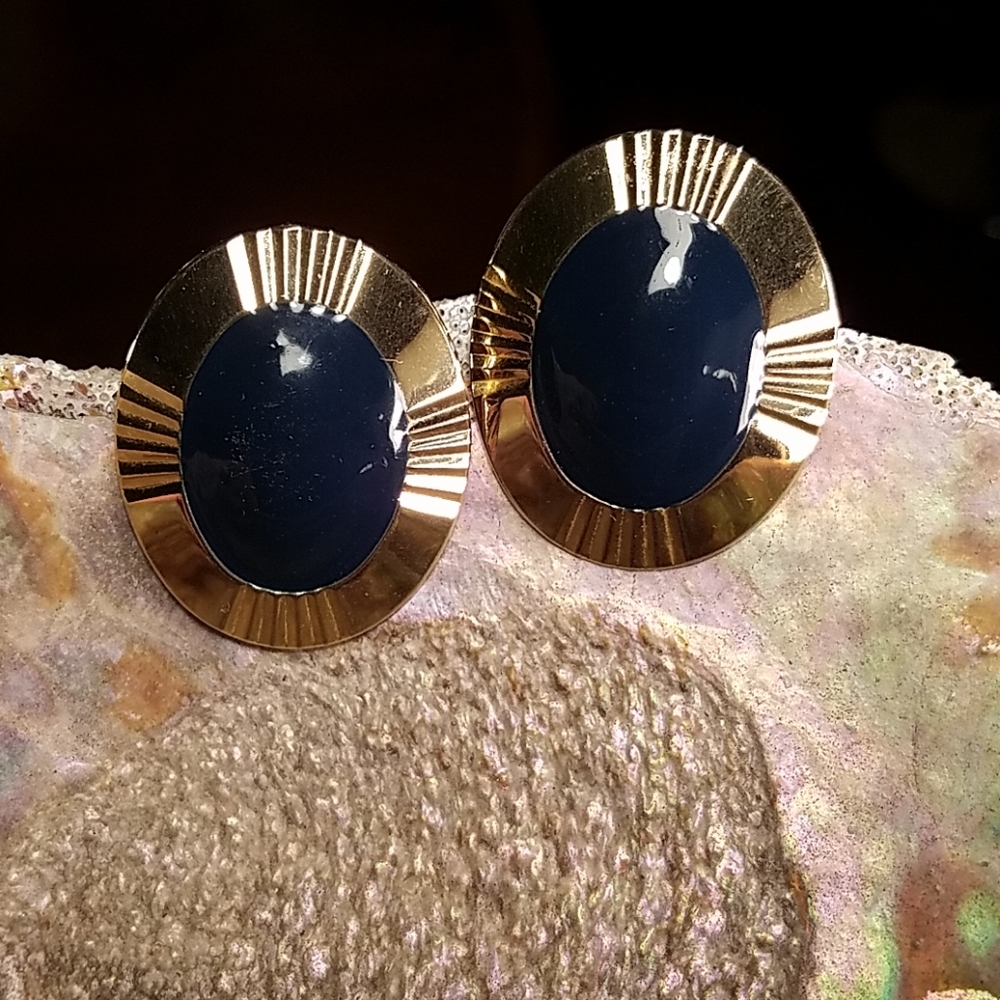 Vintage Navy Blue & Gold Oval Clip-on Earrings
